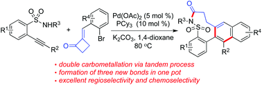 Graphical abstract: A palladium-catalyzed tandem reaction of 2-alkynylbenzenesulfonamides with 2-(2-bromoarylidene)cyclobutanones