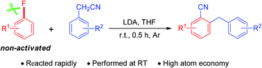 Graphical abstract: LDA-mediated synthesis of ortho-cyanated diarylmethanes by reaction of fluoroarene with arylacetonitrile at room temperature