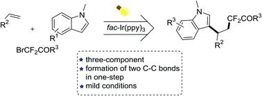 Graphical abstract: Visible-light-induced three-component 1,2-difluoroalkylarylation of styrenes with α-carbonyl difluoroalkyl bromides and indoles