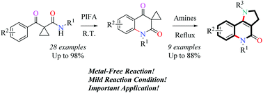Graphical abstract: PIFA-Mediated oxidative cyclization of 1-aroyl-N-arylcyclopropane-1-carboxamides and their application in the synthesis of pyrrolo[3,2-c]quinolinones