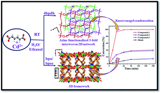 Graphical abstract: Construction of 2D interwoven and 3D metal–organic frameworks (MOFs) of Cd(ii): the effect of ancillary ligands on the structure and the catalytic performance for the Knoevenagel reaction