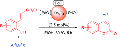 Graphical abstract: Palladium(ii) oxide impregnated on magnetite as a catalyst for the synthesis of 4-arylcoumarins via a Heck-arylation/cyclization process