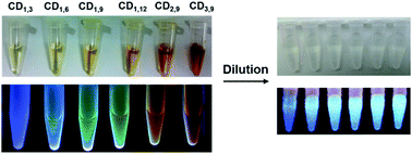 Graphical abstract: Pseudo-multicolor carbon dots emission and the dilution-induced reversible fluorescence shift