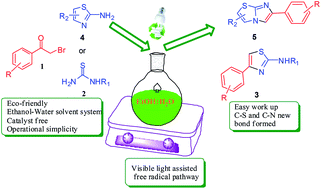 Graphical abstract: Visible light triggered, catalyst free approach for the synthesis of thiazoles and imidazo[2,1-b]thiazoles in EtOH : H2O green medium