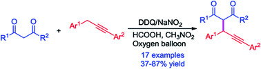 Graphical abstract: Propargylation of 1,3-dicarbonyl compounds catalyzed by 2,3-dichloro-5,6-dicyano-1,4-benzoquinone and sodium nitrite in the presence of molecular oxygen and formic acid