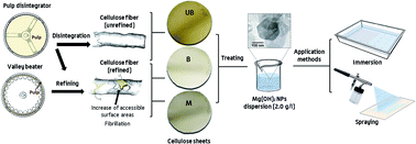 Graphical abstract: Application of magnesium hydroxide nanocoatings on cellulose fibers with different refining degrees