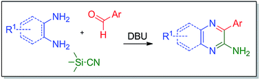 Graphical abstract: A reaction of 1,2-diamines and aldehydes with silyl cyanide as cyanide pronucleophile to access 2-aminopyrazines and 2-aminoquinoxalines