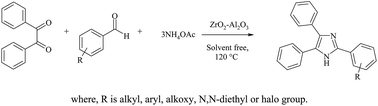 Graphical abstract: Synthesis of 2,4,5-trisubstituted imidazoles, quinoxalines and 1,5-benzodiazepines over an eco-friendly and highly efficient ZrO2–Al2O3 catalyst