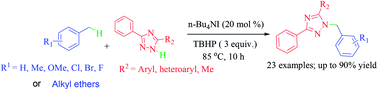 Graphical abstract: n-Bu4NI/TBHP-catalyzed C–N bond formation via cross-dehydrogenative coupling of 1H-1,2,4-triazoles (N–H) and methylarenes (Csp3–H)