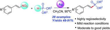 Graphical abstract: Silver-catalyzed synthesis of 2-arylvinylphosphonates by cross-coupling of β-nitrostyrenes with H-phosphites