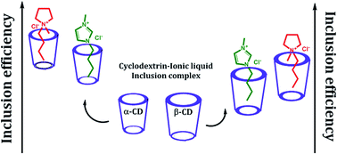 Graphical abstract: Insertion behavior of imidazolium and pyrrolidinium based ionic liquids into α and β-cyclodextrins: mechanism and factors leading to host–guest inclusion complexes