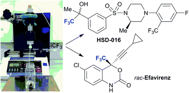 Graphical abstract: Flow trifluoromethylation of carbonyl compounds by Ruppert–Prakash reagent and its application for pharmaceuticals, efavirenz and HSD-016