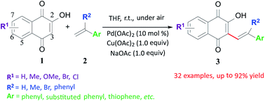 Graphical abstract: Palladium(ii)-catalyzed hydroxy-involved enolate-type efficient C–C functionalization of hydroxynaphthoquinones at room temperature
