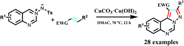 Graphical abstract: Copper-catalyzed [3 + 2] cycloaddition reactions: synthesis of substituted pyrazolo[1,5-c]quinazolines with N-iminoquinazolinium ylides and olefins as starting materials