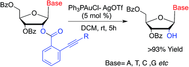 Graphical abstract: Stereoselective synthesis of 2′-modified nucleosides by using ortho-alkynyl benzoate as a gold(i)-catalyzed removable neighboring participation group