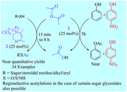 Graphical abstract: Diazepinium perchlorate: a neutral catalyst for mild, solvent-free acetylation of carbohydrates and other substances