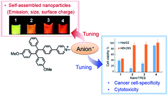 Graphical abstract: Emissive nanoparticles from pyridinium-substituted tetraphenylethylene salts: imaging and selective cytotoxicity towards cancer cells in vitro and in vivo by varying counter anions