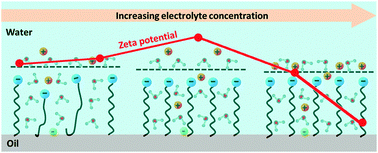 Graphical abstract: The ionic strength dependent zeta potential at the surface of hexadecane droplets in water and the corresponding interfacial adsorption of surfactants