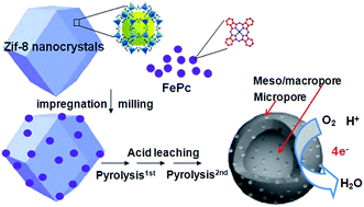 Graphical abstract: A hollow spherical doped carbon catalyst derived from zeolitic imidazolate framework nanocrystals impregnated/covered with iron phthalocyanines