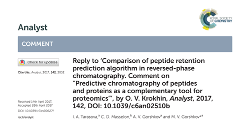 Reply to ‘Comparison of peptide retention prediction algorithm in reversed-phase chromatography. Comment on “Predictive chromatography of peptides and proteins as a complementary tool for proteomics”’, by O. V. Krokhin, Analyst, 2017, 142, DOI: 10.1039/c6an02510b