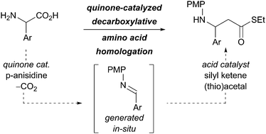 Graphical abstract: Homologation of α-aryl amino acids through quinone-catalyzed decarboxylation/Mukaiyama–Mannich addition