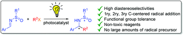 Graphical abstract: Asymmetric radical alkylation of N-sulfinimines under visible light photocatalytic conditions
