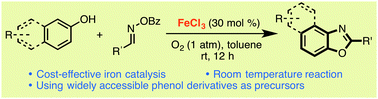 Graphical abstract: Iron-catalyzed synthesis of benzoxazoles by oxidative coupling/cyclization of phenol derivatives with benzoyl aldehyde oximes