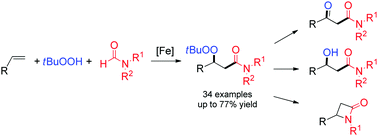 Graphical abstract: Iron-catalyzed peroxidation–carbamoylation of alkenes with hydroperoxides and formamides via formyl C(sp2)–H functionalization