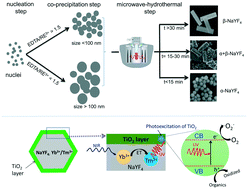 Graphical abstract: Microwave-assisted synthesis of NaYF4:Yb3+/Tm3+ upconversion particles with tailored morphology and phase for the design of UV/NIR-active NaYF4:Yb3+/Tm3+@TiO2 core@shell photocatalysts