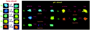 Graphical abstract: Emission behaviours of novel V- and X-shaped fluorophores in response to pH and force stimuli