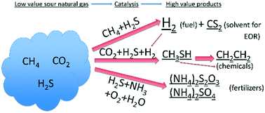 Graphical abstract: Minireview: direct catalytic conversion of sour natural gas (CH4 + H2S + CO2) components to high value chemicals and fuels