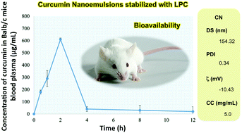 Graphical abstract: Preparation, characterization and bioavailability by oral administration of O/W curcumin nanoemulsions stabilized with lysophosphatidylcholine