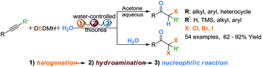 Graphical abstract: Water-controlled selective preparation of α-mono or α,α′-dihalo ketones via catalytic cascade reaction of unactivated alkynes with 1,3-dihalo-5,5-dimethylhydantoin