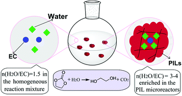 Graphical abstract: Water-enriched poly(ionic liquid)s: highly-efficient microreactors for the hydrolysis of ethylene carbonate