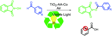 Graphical abstract: A photoinduced cross-dehydrogenative-coupling (CDC) reaction between aldehydes and N-hydroxyimides by a TiO2–Co ascorbic acid nanohybrid under visible light irradiation