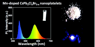 Graphical abstract: Single component Mn-doped perovskite-related CsPb2ClxBr5−x nanoplatelets with a record white light quantum yield of 49%: a new single layer color conversion material for light-emitting diodes
