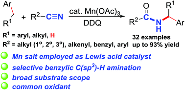 Graphical abstract: Manganese(iii) acetate catalyzed oxidative amination of benzylic C(sp3)–H bonds with nitriles
