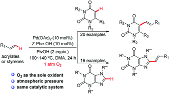 Graphical abstract: Palladium-catalyzed C–H olefination of uracils and caffeines using molecular oxygen as the sole oxidant