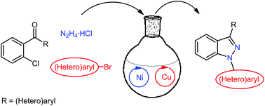 Graphical abstract: Ni and Cu-catalyzed one pot synthesis of unsymmetrical 1,3-di(hetero)aryl-1H-indazoles from hydrazine, o-chloro (hetero)benzophenones, and (hetero)aryl bromides
