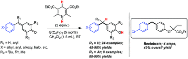 Graphical abstract: B(C6F5)3 catalysed reduction of para-quinone methides and fuchsones to access unsymmetrical diaryl- and triarylmethanes: elaboration to beclobrate