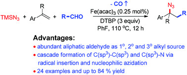 Graphical abstract: Fe-Catalyzed radical-type difunctionalization of styrenes with aliphatic aldehydes and trimethylsilyl azide via a decarbonylative alkylation–azidation cascade