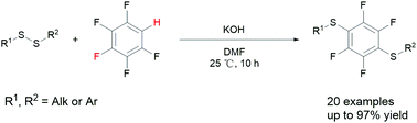 Graphical abstract: The thiolation of pentafluorobenzene with disulfides by C–H, C–F bond activation and C–S bond formation