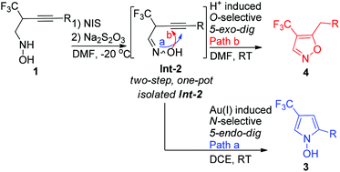 Graphical abstract: Divergent access to N-hydroxypyrroles and isoxazoles via the gold(i)- or Brønsted acid-catalysed regioselective cyclization of N-(2-trifluoromethyl-3-alkynyl) oximes