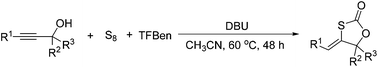 Graphical abstract: DBU-promoted carbonylative synthesis of 1,3-oxathiolan-2-ones from propargylic alcohols with TFBen as the CO source