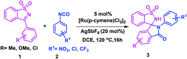 Graphical abstract: Ru(ii)-Catalyzed spirocyclization of aryl N-sulfonyl ketimines with aryl isocyanates through an aromatic C–H bond activation