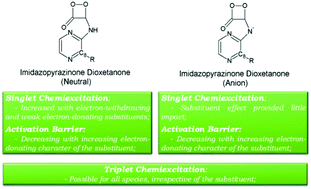Graphical abstract: Theoretical modulation of singlet/triplet chemiexcitation of chemiluminescent imidazopyrazinone dioxetanone via C8-substitution