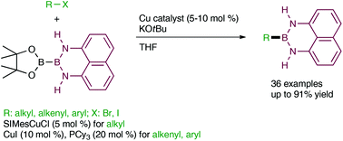 Graphical abstract: Copper-catalyzed direct borylation of alkyl, alkenyl and aryl halides with B(dan)