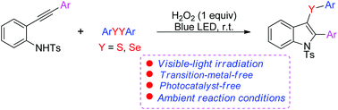 Graphical abstract: Visible light-induced tandem oxidative cyclization of 2-alkynylanilines with disulfides (diselenides) to 3-sulfenyl- and 3-selenylindoles under transition metal-free and photocatalyst-free conditions