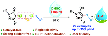 Graphical abstract: DMSO-promoted regioselective synthesis of sulfenylated pyrazoles via a radical pathway