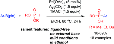 Graphical abstract: A palladium-catalyzed oxidative cross-coupling reaction between aryl pinacol boronates and H-phosphonates in ethanol